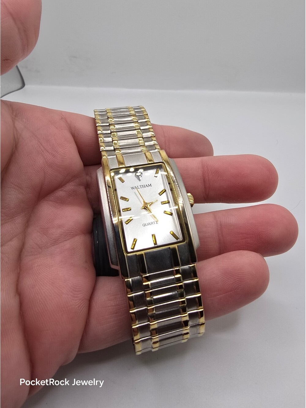 Waltham Prestige Diamond Quartz Rectangle Two-Tone Analog Silver Dial Metal